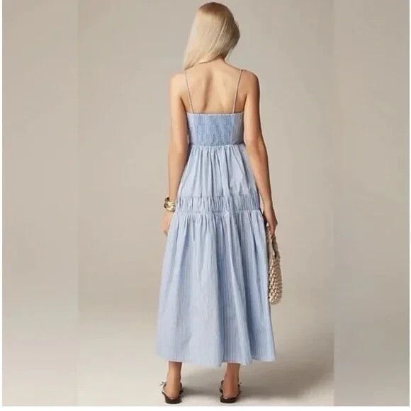 J.Crew Generative Cotton Blue Striped Tiered Midi Dress Size 6CA705‎ Summer 2024 - Picture 2 of 12